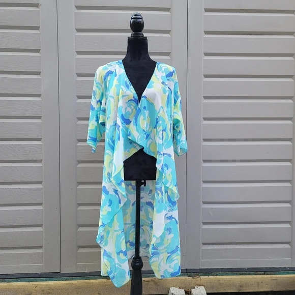 LulaRoe Women's Aqua Blue Yellow Floral Sheer Open Front Kimono Size Small - Picture 2 of 11